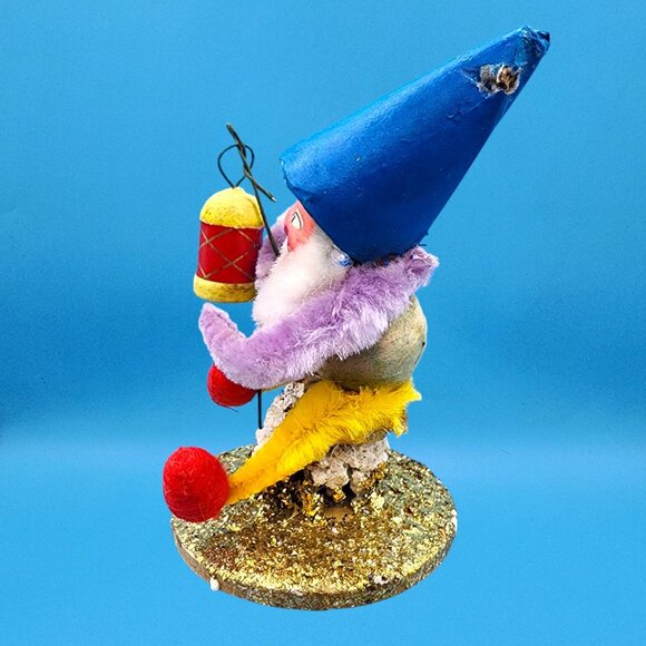 Vintage 1950s Putz Gnome Lantern Ornament Japan Elf Blue Hat Chenille Holiday - Picture 5 of 10